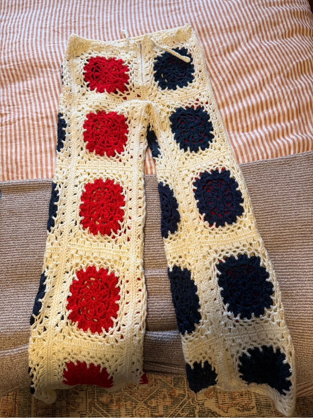 Handcrafted Crochet Boot Cut Pants in Red, Navy & Cream - Picture 2 of 5